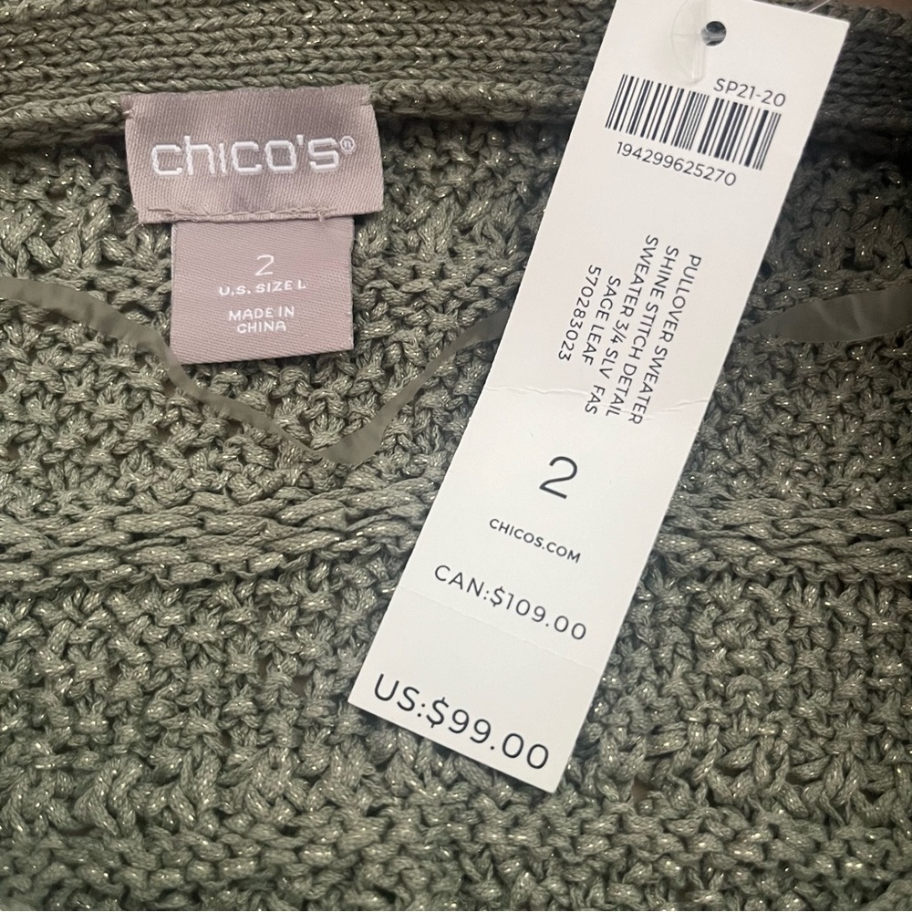 NWT Chico’s Sage Green Open-Knit Pullover Sweater Size 2 Fits L